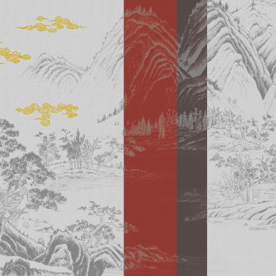 高清新中式亭台楼阁线条肌理背景墙壁画