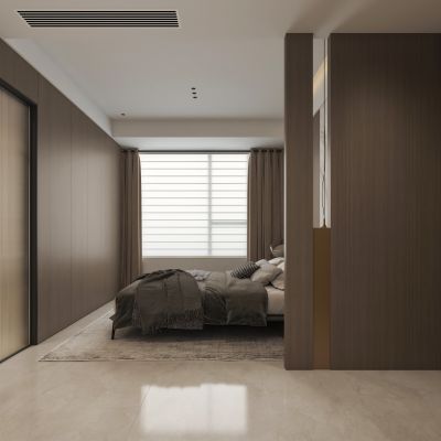 意式轻奢家居卧室 无主灯卧室 硬包床头背景墙 床头柜隔断 皮质双人床 开放式衣柜