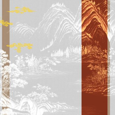 高清新中式亭台楼阁线条肌理背景墙壁画