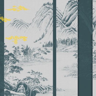 高清新中式亭台楼阁线条肌理背景墙壁画