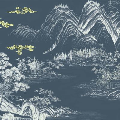 高清新中式亭台楼阁线条肌理背景墙壁画