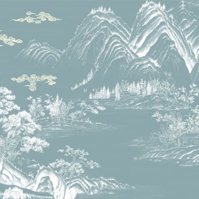 高清新中式亭台楼阁线条肌理背景墙壁画