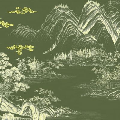 高清新中式亭台楼阁线条肌理背景墙壁画