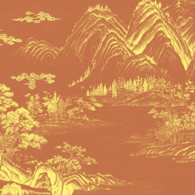 高清新中式亭台楼阁线条肌理背景墙壁画