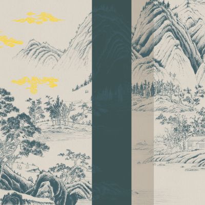 高清新中式亭台楼阁线条肌理背景墙壁画