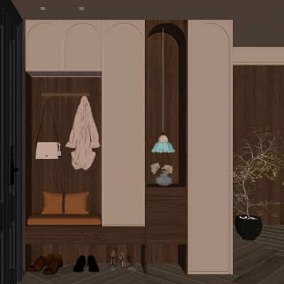 法式 中古风 骨骼线 弧形 吊灯 木纹砖 鞋柜 玄关