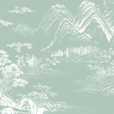 高清新中式亭台楼阁线条肌理背景墙壁画