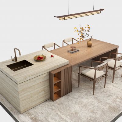 禅意新中式餐桌椅 岛台餐桌椅组合 餐厅吊灯 宋代美学家具 餐桌装饰摆件 不锈钢水槽