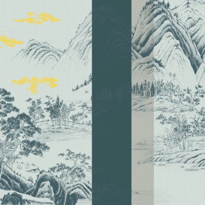 高清新中式亭台楼阁线条肌理背景墙壁画