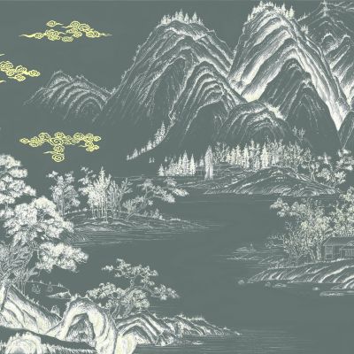 高清新中式亭台楼阁线条肌理背景墙壁画