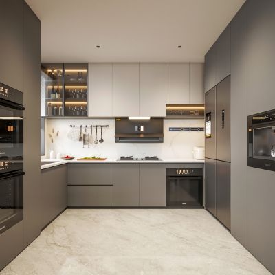 意式极简家居厨房 u型厨房 黑白灰厨房 蒸烤箱饮水机 方太烟机灶具 橱柜吊柜