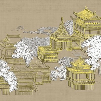 高清新中式亭台楼阁线条肌理背景墙壁画