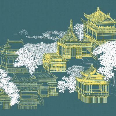 高清新中式亭台楼阁线条肌理背景墙壁画