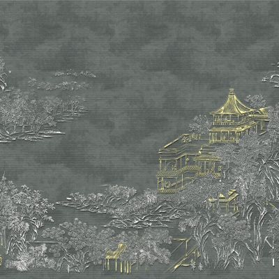 高清新中式亭台楼阁线条肌理背景墙壁画
