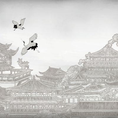 高清新中式亭台楼阁线条肌理背景墙壁画