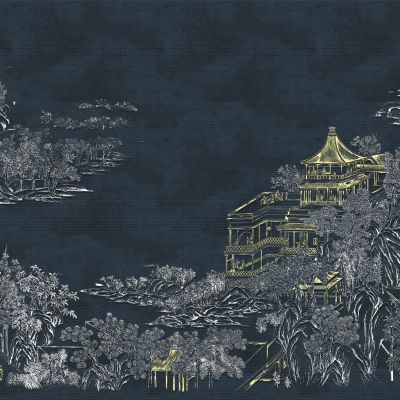 高清新中式亭台楼阁线条肌理背景墙壁画