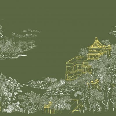 高清新中式亭台楼阁线条肌理背景墙壁画