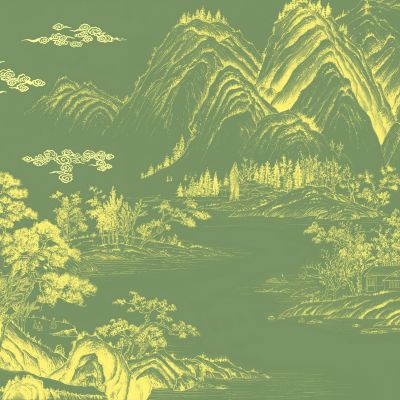 高清新中式亭台楼阁线条肌理背景墙壁画