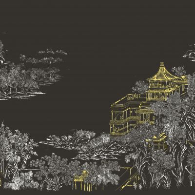 高清新中式亭台楼阁线条肌理背景墙壁画