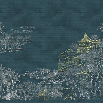 高清新中式亭台楼阁线条肌理背景墙壁画