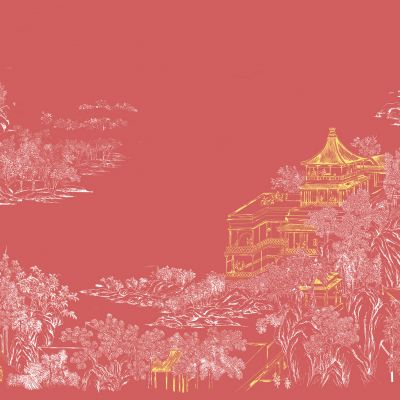 高清新中式亭台楼阁线条肌理背景墙壁画