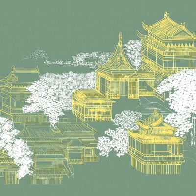 高清新中式亭台楼阁线条肌理背景墙壁画