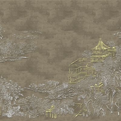 高清新中式亭台楼阁线条肌理背景墙壁画