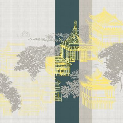高清新中式亭台楼阁线条肌理背景墙壁画