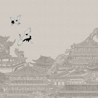 高清新中式亭台楼阁线条肌理背景墙壁画