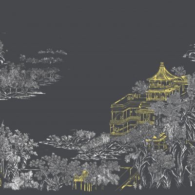 高清新中式亭台楼阁线条肌理背景墙壁画