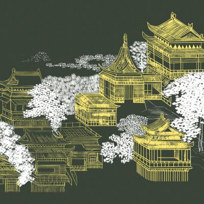 高清新中式亭台楼阁线条肌理背景墙壁画3D贴图