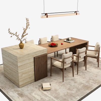 禅意新中式餐桌椅组合 岛台餐桌椅 宋代美学餐厅吊灯 餐桌植物摆件 长条餐桌