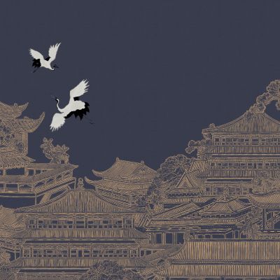 高清新中式亭台楼阁线条肌理背景墙壁画