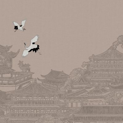 高清新中式亭台楼阁线条肌理背景墙壁画