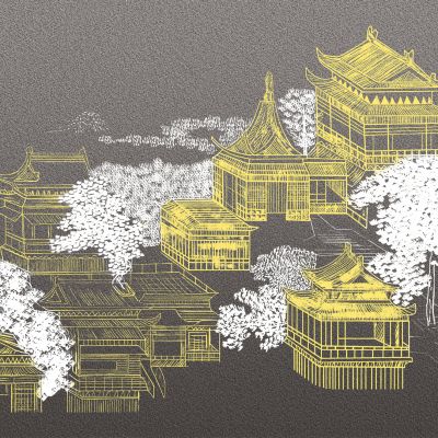 高清新中式亭台楼阁线条肌理背景墙壁画