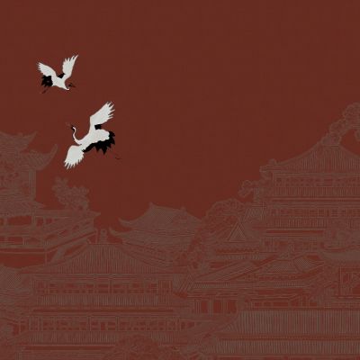 高清新中式亭台楼阁线条肌理背景墙壁画