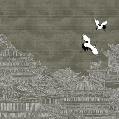 高清新中式亭台楼阁线条肌理背景墙壁画