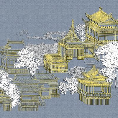 高清新中式亭台楼阁线条肌理背景墙壁画