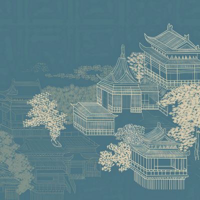高清新中式亭台楼阁线条肌理背景墙壁画3D贴图