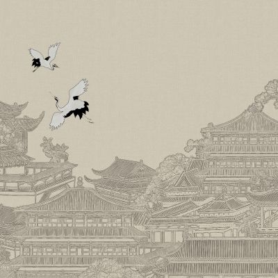 高清新中式亭台楼阁线条肌理背景墙壁画3D贴图