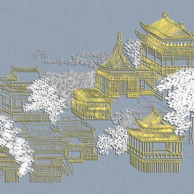 高清新中式亭台楼阁线条肌理背景墙壁画