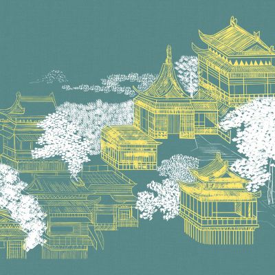 高清新中式亭台楼阁线条肌理背景墙壁画