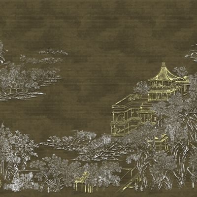 高清新中式亭台楼阁线条肌理背景墙壁画