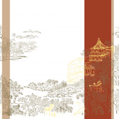 高清新中式亭台楼阁线条肌理背景墙壁画