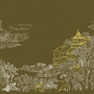 高清新中式亭台楼阁线条肌理背景墙壁画