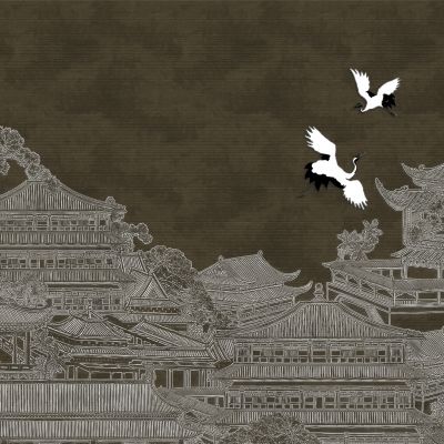 高清新中式亭台楼阁线条肌理背景墙壁画