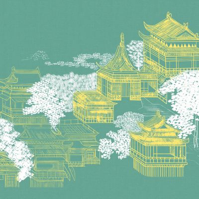 高清新中式亭台楼阁线条肌理背景墙壁画