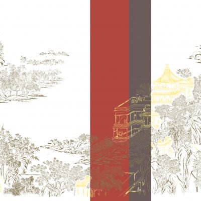 高清新中式亭台楼阁线条肌理背景墙壁画