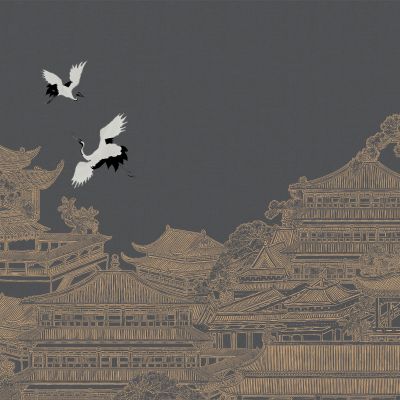 高清新中式亭台楼阁线条肌理背景墙壁画