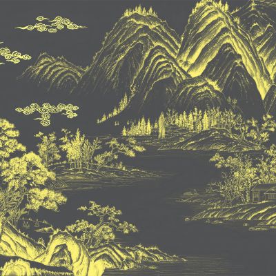 高清新中式亭台楼阁线条肌理背景墙壁画